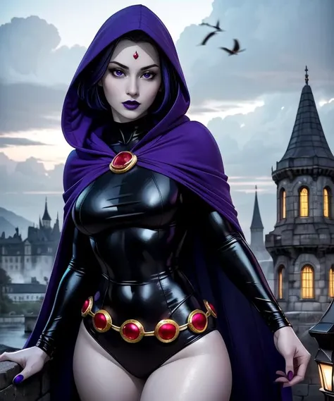 woman in her 20s, (raven),  (pale grey skin:1.2), (perfect face), defined jawline, (beautiful bright purple eyes), beautiful lips, dark purple lipstick, short purple pixie haircut, (forehead jewel), (sexy), thick thighs, (perfect hands), black tight long-sleeved leotard, long flowing purple hooded cape, gold belt laden with red circular gems, (dark energy aura), (looking at viewer), (medium shot photograph), (dark castle background at night), <lora:ravenLora_ravenV1:0.7>, photorealistic