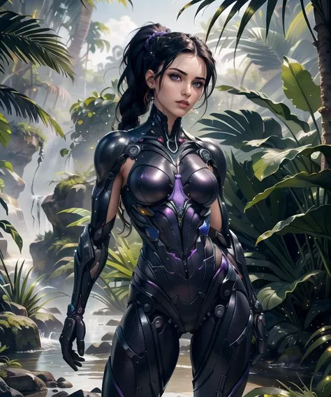 woman in her 20s, (perfect face), defined jawline, beautiful lips, (beautiful bright purple eyes), (long black braided ponytail hairstyle), (perfect anatomy), (athletic body), (sexy), (perfect hands), (matte grey biomechanical armor), (looking at viewer), (medium shot photograph), (tropical rainforest background), <lora:nanosuit_v10:0.4>, photorealistic