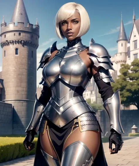 woman in her 20s, (dark skin:1.3), (perfect face), defined jawline, beautiful lips, (beautiful bright yellow eyes), (short white bob haircut:1.2), (perfect anatomy), (athletic body), (perfect hands), (medieval heavy-plated steel chest armor), (medieval heavy-plated steel leg armor), (steel gauntlets), (steel skirt armor), (looking at viewer), (medium shot photograph), (imperial castle grounds background), photorealistic