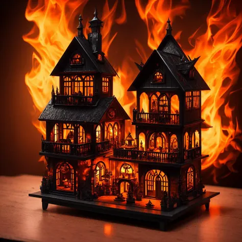 mini\(ttp\), (8k, RAW photo, best quality, masterpiece:1.2), (realistic:1.37),(black and orange tones aesthetic colored gothic doll house), miniature, dark romantic, witches flying above, landscape, (isometric), glass tank,<lora:miniature_V1:0.6>, on table, table has flames <lora:FIRE02:0.5>