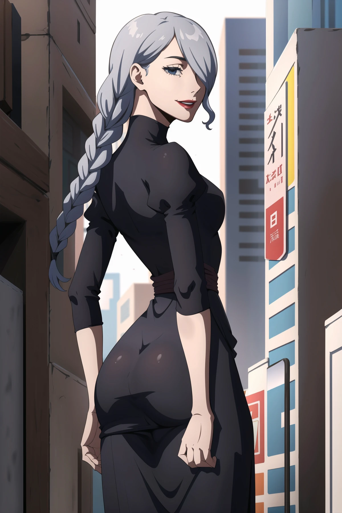 masterpiece, ((best quality)), ((highly detailed)),((detailed eyes, deep eyes)), (1girl:1.4),{((from behind tight ass tiny waist:1.2)), beautiful lighting, absurdres,MeiMei, solo, long hair, braid, dress, hair over one eye, smile, long sleeves, braided bangs, black dress, braided ponytail, white hair, puffy sleeves, holding, turtleneck dress, makeup, grey hair, red lips, one eye covered, lipstick, parted lips, single braid, (complex detailed background, outside, urban environment, cowboy shot, from behind) <lora:MeiMei:0.8>