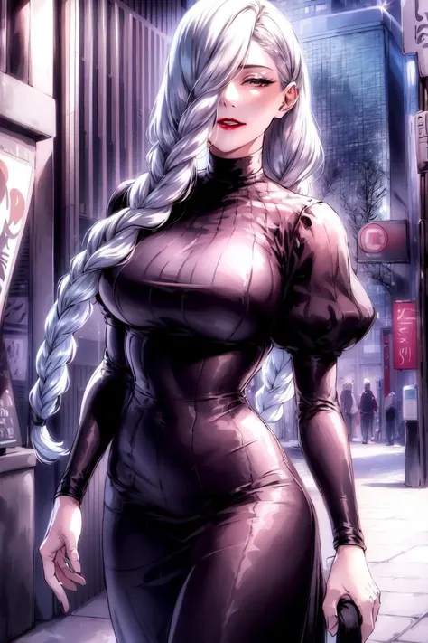 ultra realistic 8k cg, masterpiece, ((ultra detailed background, delicate pattern, intricate detail)), (highly detailed, fine details), best quality, 1girl, (photorealistic:1.4),beautiful lighting,  absurdres, RAW photo, film grain, ((medium breasts, slim girl)), 1girl, MeiMei, solo, long hair, braid, dress, hair over one eye, smile, long sleeves, braided bangs, black dress, braided ponytail, white hair, puffy sleeves, holding, turtleneck dress, makeup, grey hair, red lips, one eye covered, lipstick, parted lips, single braid, (complex detailed background, outside, urban environment, cowboy shot, from behind),  <lora:BeautifulDetailedEyes:0.4>,  <lora:DetailTweaker:0.5>,  <lora:MeiMei10:0.75>,  <lora:BetterHands:0.4>