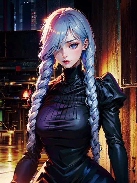 mei mei, long hair, very long hair, braid, (hair over one eye:1.5), braided ponytail, one eye covered, braided bangs, (purple eyes:1.1),
BREAK long sleeves, dress, puffy sleeves, black dress, juliet sleeves, turtleneck dress,
BREAK looking at viewer, upper body, full body,
(masterpiece:1.2), best quality, high resolution, unity 8k wallpaper, (illustration:0.8), (beautiful detailed eyes:1.6), extremely detailed face, perfect lighting, extremely detailed CG, (perfect hands, perfect anatomy), <lora:meimei-lora-nochekaiser:1>