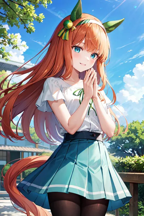 masterpiece, best quality, highres, ccsuzuka, long hair, animal ears, ear covers, white hairband, horse tail, white shirt, green ribbon, short sleeves, blue skirt, black pantyhose, <lora:silence_suzuka_v1:0.7>, smile, own hands together, standing