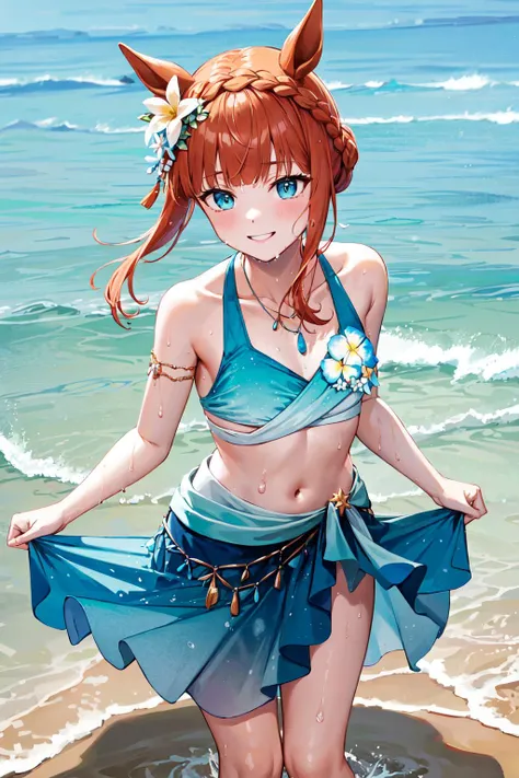 masterpiece, best quality, highres, ddsuzuka, braid, animal ears, hair flower, horse tail, necklace, collarbone, swimsuit, bikini, sarong, <lora:silence_suzuka_v1:0.7>, ocean, wet, smile, standing, partially submerged, wet, splashing, beach