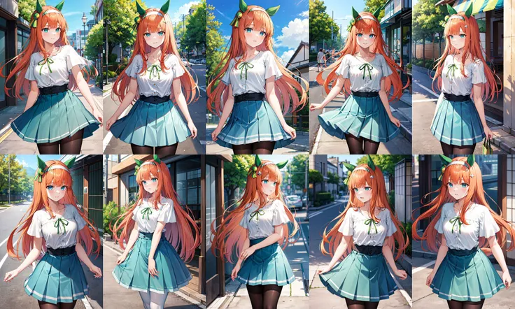 masterpiece, best quality, highres, ccsuzuka, long hair, animal ears, ear covers, white hairband, horse tail, white shirt, green ribbon, short sleeves, blue skirt, black pantyhose, <lora:silence_suzuka_v1:0.7>, street, standing, cowboy shot