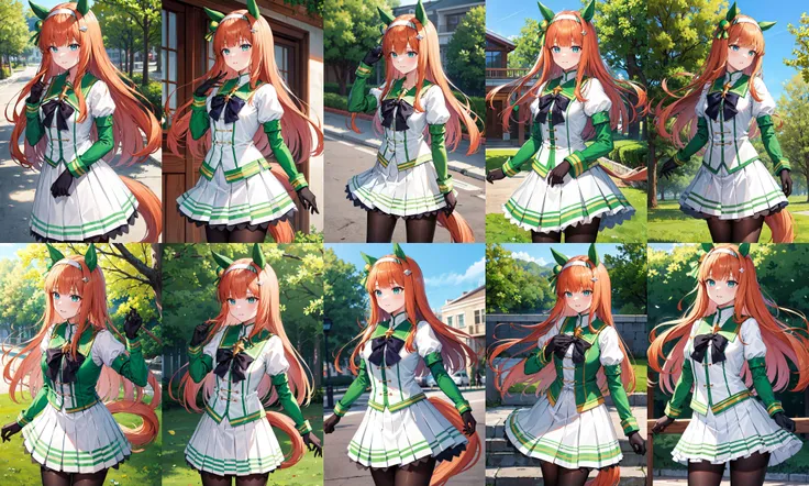 masterpiece, best quality, highres, aasuzuka, long hair, animal ears, ear covers, white hairband, horse tail, green sailor collar, black bow, white shirt, layered sleeves, green sleeves, black gloves, white skirt, black pantyhose, <lora:silence_suzuka_v1:0.7>, standing, cowboy shot, outdoors
