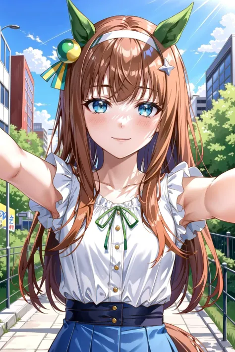 masterpiece, (best qulaity:1.3), 8K, wallpaper, depth of field, beautiful detailed eyes, (ccsuzuka, long hair, animal ears, ear covers, white hairband, horse tail, white shirt, green ribbon, short sleeves, blue skirt, small breasts, solo, looking at viewer, light smile, blue sky, cityscape, standing, (incoming hug, reaching out:1.2))  <lora:silence_suzuka_v1:0.7>  <lora:incominghugAlpha16:0.6>