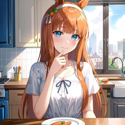 masterpiece, (best qulaity:1.3), 8K, wallpaper, depth of field, beautiful detailed eyes, (1girl, ddsuzuka, long hair, (animal ears:1.2), light smile, closed mouth, (blush:1.2), small breasts, upper body, sitting, (hand on chin), looking at viewer, straight-on, pov, indoors, window, sky, cityscape, (kitchen:1.3), booth seating, table, (plate, carrot), (white_shirt)) <lora:silence_suzuka_v1:0.7>
