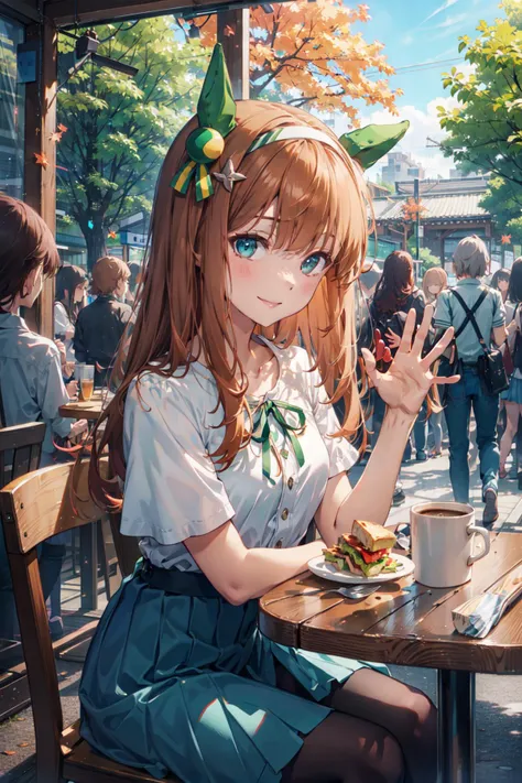 <lora:silence_suzuka_v1:0.7>, ccsuzuka, smile, (waving hand:1.1), long hair, animal ears, ear covers, white hairband, ear covers, horse tail, green ribbon, short sleeves, blue mini skirt, black pantyhose, sitting, mug on table, sandwich, (crowd:1.4), mob, highres, (official art, beautiful and aesthetic:1.4), ultra detail, aerial, beautiful person, maple leaf, tree, caffe ambience, caffe aesthetic, window view,