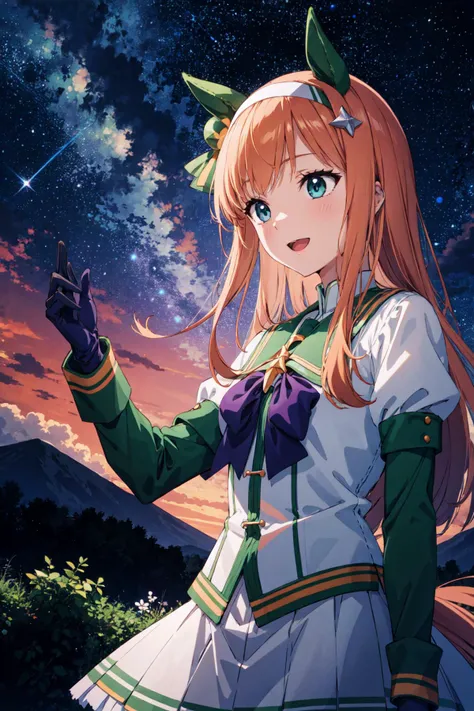 <lora:silence_suzuka_v1:0.7> aasuzuka, absurdres, highres, (official art, beautiful and aesthetic:1.2), (close view:1.2), front composition, blue eyes, long hair, animal ears, ear covers, white hairband, horse tail, green sailor collar, purple bow, white shirt, layered sleeves, green sleeves, purple gloves, white mini skirt, purple pantyhose, smile, open mouth, shining sky, vast world, gazing, awe-inspiring expression, distant horizon, clouds, high hill, natural beauty, inspiration, night sky, Shining Stars,