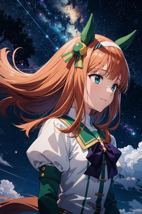 <lora:silence_suzuka_v1:0.7> aasuzuka, absurdres, highres, (official art, beautiful and aesthetic:1.2), (close view:1.2), close up, long hair, animal ears, ear covers, white hairband, horse tail, green sailor collar, black bow, white shirt, layered sleeves, green sleeves, purple gloves, white mini skirt, purple pantyhose, smile, shining sky, vast world, gazing, awe-inspiring expression, distant horizon, clouds, high hill, natural beauty, inspiration, night sky, Shining Stars, (star effect:1.5)