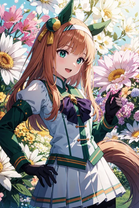 absurdres, highres, (official art, beautiful and aesthetic:1.2), (close view:1.2), Front composition,
<lora:silence_suzuka_v1:0.7> aasuzuka, long hair, animal ears, ear covers, white hairband, horse tail, green sailor collar, black bow, white shirt, layered sleeves, green sleeves, purple gloves, white mini skirt, purple pantyhose, smile, open mouth,
(all over the flower garden:1.2), (flower effect:1.2) (Floral Background:1.2), (Background filled with flowers:1.2), (Flashy background:1.1),
