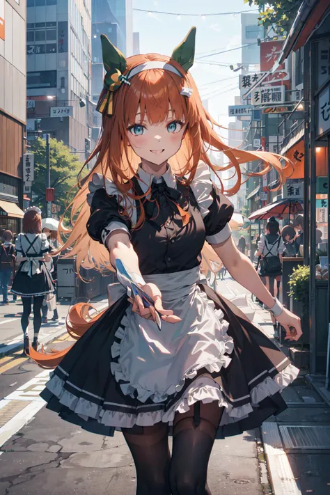 <lora:silence_suzuka_v1:0.7>, ccsuzuka, smile, long orange hair, animal ears, ear covers, white hairband, ear covers, horse tail, absurdres, highres, (official art, beautiful and aesthetic:1.3), ultra detail, garter strapless, thighhighs, smile, cowboy shot, Akihabara, street, bustling streets, pedestrian paradise, vibrant cityscape, urban, glass facades, contemporary vibes, (maid handing out flyers:1.4), reaching out, many maid,