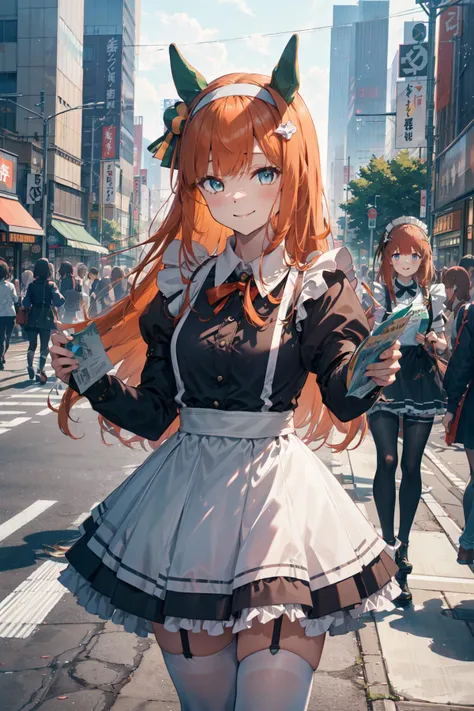 <lora:silence_suzuka_v1:0.7>, ccsuzuka, smile, long orange hair, animal ears, ear covers, white hairband, ear covers, horse tail, absurdres, highres, (official art, beautiful and aesthetic:1.3), ultra detail, garter strapless, thighhighs, smile, cowboy shot, Akihabara, street, bustling streets, pedestrian paradise, vibrant cityscape, urban, glass facades, contemporary vibes, (maid handing out flyers:1.4), reaching out, many maid,