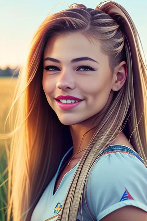 Picture, best quality, portrait photo of beautiful JernauJutta smiling, in a meadow, grass field, strong bloom, optical sunflare, looking at viewer, perfect face, perfect eyes, sharp focus, trending on CGSociety, trending on ArtStation