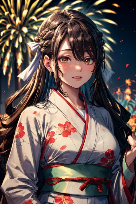 (masterpiece), best quality, (((ultra detailed, 8k quality))), expressive eyes, perfect face, perfect anatomy, perfect body, scene, <lora:scene_:0.7>,  <lora:more_details:0.7>, <lora:beautiful_detailed_eyes:0.5>,  <lora:GoodHands-beta2:0.7>,  
, AzumaFubuki, long hair, hair ribbon,  , japanese clothes, floral print,, yukata,brown eyes, brown hair , smile ,parted lips, firework, japanese festival
 <lora:AzumaFubuki:1>