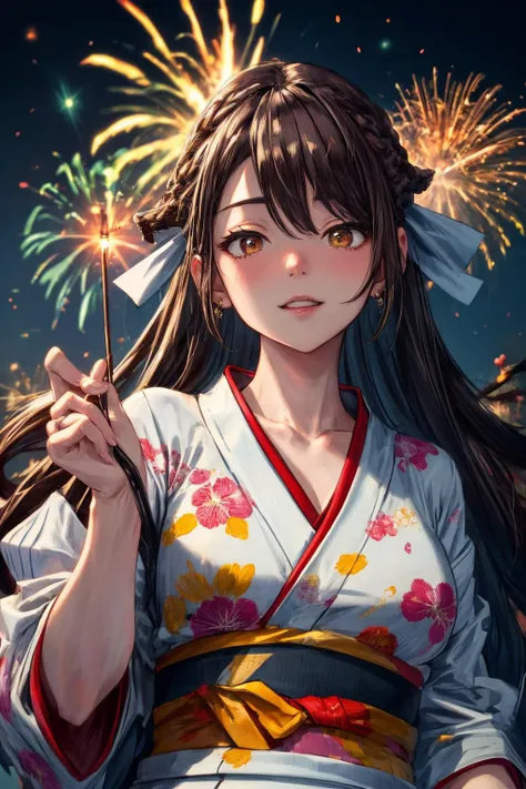 (masterpiece), best quality, (((ultra detailed, 8k quality))), expressive eyes, perfect face, perfect anatomy, perfect body, scene, <lora:scene_:0.7>, <lora:more_details:0.7>, <lora:beautiful_detailed_eyes:0.5>, <lora:GoodHands-beta2:0.7>,
, AzumaFubuki, long hair, hair ribbon, , japanese clothes, floral print,, yukata,brown eyes, brown hair , smile ,parted lips, firework, japanese festival
<lora:AzumaFubuki:1>