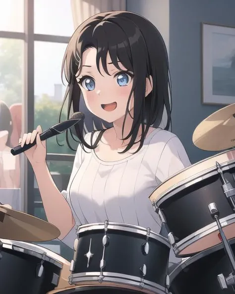 (masterpiece, highest quality:1.4), 1girl, solo focus, <lora:misaki-000009:0.7:lbw=1,0,0,0,1,1,1,1,1,1,1,1,1,0.5,0,0,0>, (okusawamisaki, black hair, blue eyes, medium hair, curtained hair), mature female, drumset, drum, playing drums, happy, laughing, energetic, upper body
