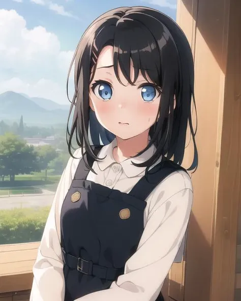 (masterpiece, highest quality:1.4), 1girl, solo focus, <lora:misaki-000009:0.7:lbw=1,0,0,0,1,1,1,1,1,1,1,1,1,0.5,0,0,0>, (okusawamisaki, black hair, blue eyes, medium hair, curtained hair), mature female, hair ornament, hair clips, blush, shy, looking at viewer, pinafore dress, outdoor, upper body