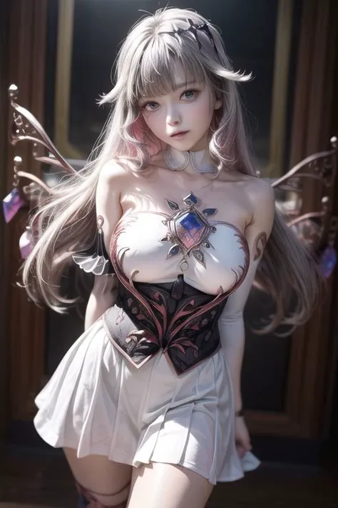 ultra realistic, 8k, masterpiece, ultra detailed background, delicate pattern, intricate detail, smile, standing, formal, looking at viewer, large breasts, PERFECT FACE, SEXY FACE, PERFECT BODY, perfect hands, detailed fingers, beautiful detailed eyes, perfect eyes, seductive eyes, from front, nsfw, exposure, arms behind back, 1girl, koseki bijou, white dress, detached sleeves, bare shoulders, wings, strapless, crystal, collarbone, short sleeves, white sleeves, strapless dress, boots