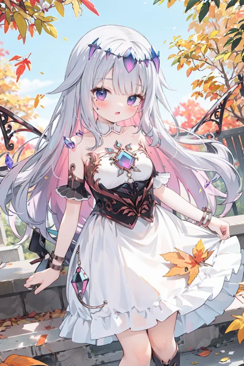 a girl, cowboy shot, medium breasts, outdoors, fall leaves, autumn colors,  <lora:KitsuneAi-KosekiBijou-LoCon32-V0_5-000008:1>
white dress, detached sleeves, bare shoulders, wings, strapless, crystal, collarbone, short sleeves, white sleeves, strapless dress, boots