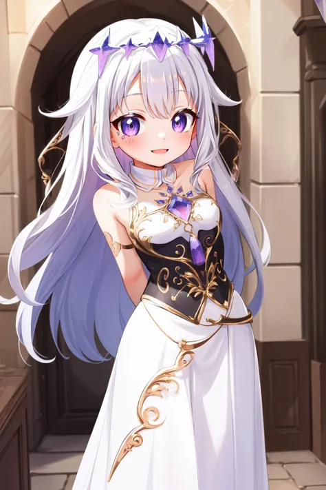 (masterpiece, best quality),  intricate details,
1girl,   <lora:KitsuneAi-KosekiBijou-LoCon32-V0_4:0.8> long hair, white hair, purple eyes, white dress, gold filigree, 
arms behind back, leaning forward, smiling,