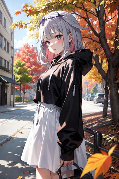 a girl, hoodie, cowboy shot, outdoors, fall leaves, autumn colors <lora:KitsuneAi-KosekiBijou-LoCon32-V0_5-000008:1>