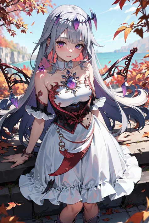 a girl, cowboy shot, medium breasts, outdoors, fall leaves, autumn colors,  <lora:KitsuneAi-KosekiBijou-LoCon32-V0_5-000008:1>
white dress, detached sleeves, bare shoulders, wings, strapless, crystal, collarbone, short sleeves, white sleeves, strapless dress, boots