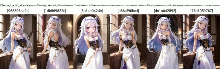 (masterpiece, best quality), intricate details,
1girl, <lora:KitsuneAi-KosekiBijou-LoCon32-V0_4:0.8> long hair, white hair, purple eyes, white dress, gold filigree,
arms behind back, leaning forward, smiling,