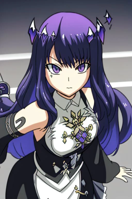 1girl, Nerissa Ravencroft, (asymmetrical horns), horns, demon horns, (Long Hair), (dark blue black hair), solo, (black and white shihakusho, bleach style), High Quality, 8K resolution, Suburban japanese area, with Koseki Bijou