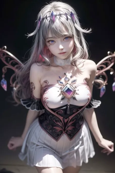 ultra realistic, 8k, masterpiece, ultra detailed background, delicate pattern, intricate detail, smile, standing, formal, looking at viewer, large breasts, PERFECT FACE, SEXY FACE, PERFECT BODY, perfect hands, detailed fingers, beautiful detailed eyes, perfect eyes, seductive eyes, from front, nsfw, exposure, arms behind back, 1girl, koseki bijou, white dress, detached sleeves, bare shoulders, wings, strapless, crystal, collarbone, short sleeves, white sleeves, strapless dress, boots