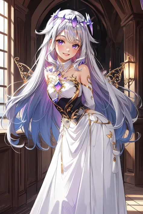 (masterpiece, best quality),  intricate details,
1girl,   <lora:KitsuneAi-KosekiBijou-LoCon32-V0_4:0.8> long hair, white hair, purple eyes, white dress, gold filigree, 
arms behind back, leaning forward, smiling,