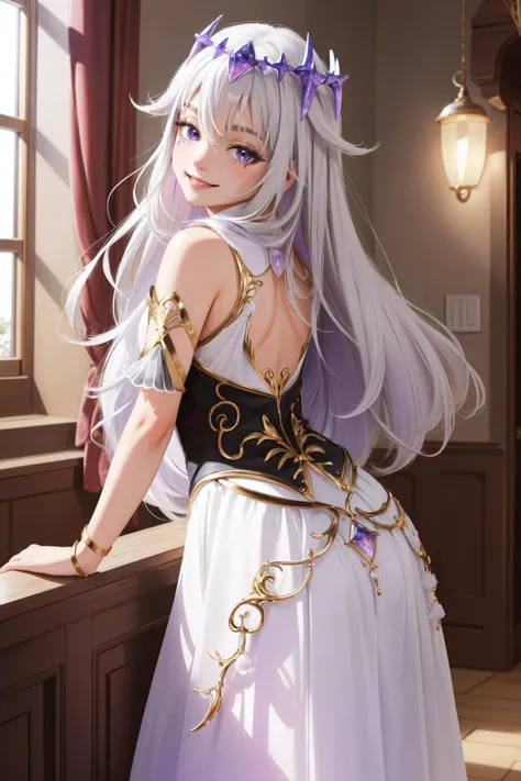 (masterpiece, best quality),  intricate details,
1girl,   <lora:KitsuneAi-KosekiBijou-LoCon32-V0_4:0.8> long hair, white hair, purple eyes, white dress, gold filigree, 
arms behind back, leaning forward, smiling,