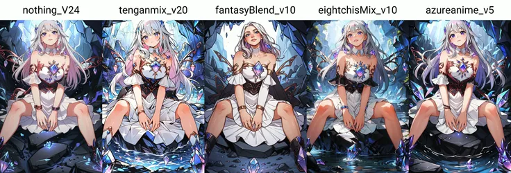 (masterpiece, best quality), intricate details,
1girl, <lora:KitsuneAi-KosekiBijou-LoCon32-V0_5-000008:0.8> koseki bijou, white dress, detached sleeves, bare shoulders, wings, strapless, crystal, collarbone, short sleeves, white sleeves, strapless dress, boots
sitting on rock, underground, glowing crystals, cavern, cave,