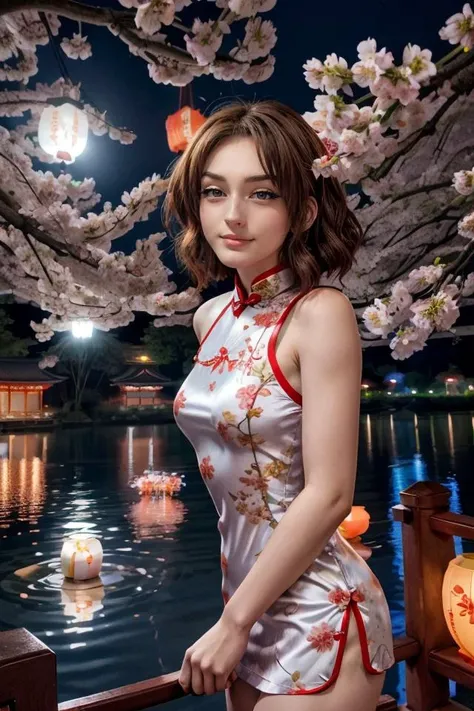 wearing a Cheongsam, colorful trim, shiny silk, floral design, looking at viewer, smirk, happy, medium shot, standing, outside, lake, night torii, high quality, masterpiece, (sakura trees, cherry blossom), (paper lanterns, lunar new year), better_oppai, <lora:PerfectFullBreasts-fCV3.5:1.0>, <lora:more_details:0.8>, <lora:GoodHands-beta2:0.8>, <lora:SA-Head:0.8>