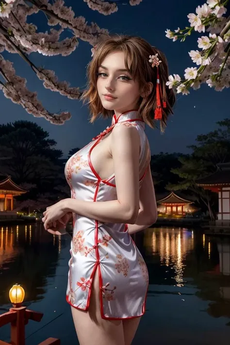 wearing a Cheongsam, colorful trim, shiny silk, floral design, looking at viewer, smirk, happy, medium shot, standing, outside, lake, night torii, high quality, masterpiece, (sakura trees, cherry blossom), (paper lanterns, lunar new year), better_oppai, <lora:PerfectFullBreasts-fCV3.5:1.0>, <lora:more_details:0.8>, <lora:GoodHands-beta2:0.8>, <lora:SA-Head:0.8>