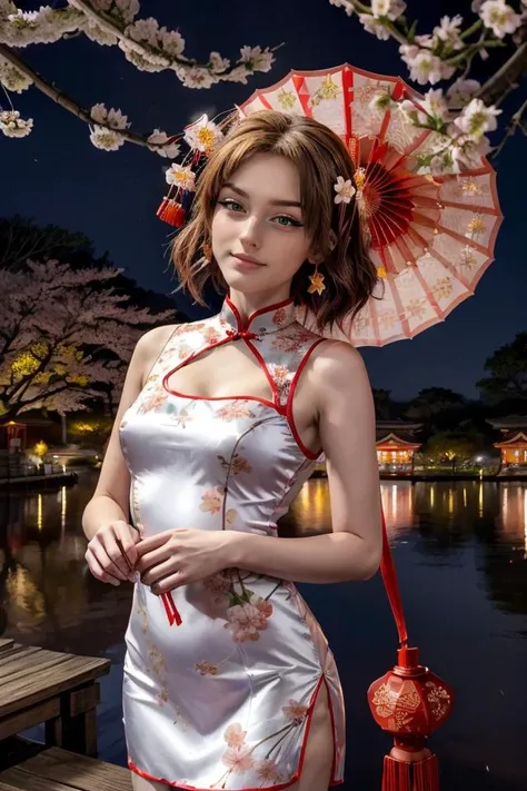 wearing a Cheongsam, colorful trim, shiny silk, floral design, looking at viewer, smirk, happy, medium shot, standing, outside, lake, night torii, high quality, masterpiece, (sakura trees, cherry blossom), (paper lanterns, lunar new year), better_oppai, <lora:PerfectFullBreasts-fCV3.5:1.0>, <lora:more_details:0.8>, <lora:GoodHands-beta2:0.8>, <lora:SA-Head:0.8>