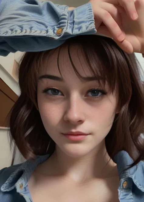 SA22 woman wearing a blue shirt and blue jeans, (25 years old), brown eyes, brunette hair, hyper realistic, 4k, masterpiece, beautiful, facing the viewer, headshot, ((white skin)), cleavage, mirror selfie, maximum details