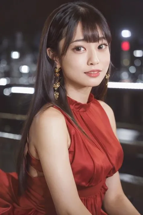 1girl, (wearing a red evening dress:1.8),(RAW photo, best quality), (realistic, photo-realistic:1.4), masterpiece, an extremely delicate and beautiful, extremely detailed, 2k wallpaper, Amazing, finely detail, extremely detailed CG unity 8k wallpaper, ultra-detailed, highres, soft light, beautiful detailed girl, extremely detailed eyes and face, beautiful detailed nose, beautiful detailed eyes,cinematic lighting,(in the city at night:2.0),(night city view:1.6),perfect anatomy,(slender body:2.0),(laughing:1.4),(close up:1.9),(open eyes:1.4),(look at viewer),(front view:1.0),(young japanese girl:1.8),cinematic angle,(wavy long hair), (brown eyes:1.8),(standing:2.0), (cleavage:1.2), <lora:yuukimoeko_lora-04:0.8>