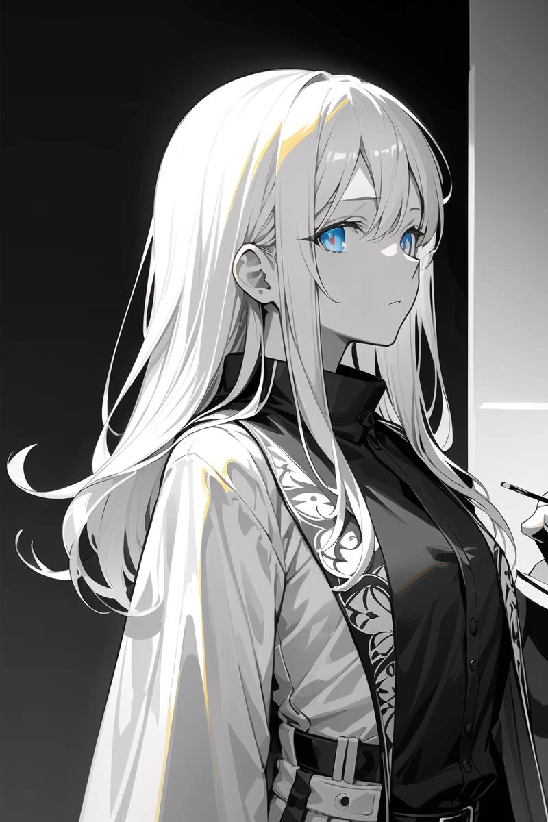 (best quality), ((masterpiece)), (highres), original, extremely detailed 8K wallpaper, (an extremely delicate and beautiful),Ray tracing,Golden Ratio,cowboy shot,beautiful detailed face,beautiful detailed eyes,lens135mm,f1.8,
{best quality}, {{masterpiece}}, {highres}, illustration,original,cacred,holy,mysterious,blasphemy, coat,extremely detailed wallpaper, 1girl,monochrome,{an extremely delicate and beautiful wallpaper,
{profile picture},{an extremely delicate and beautiful girl}, cg 8k wallpaper, masterpiece, cold expression, handsome, upper body, looking at viewer, {photorealistic}, {painting},
