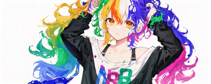 arms up,hand on own face,hand in own hair,straight-on,(Multicolored hair:1.3),Pink hair,Light blue hair,Colored inner hair,blue hair,green hair,light green hair,aqua hair,white hair,Orange hair,red hair,((disheveled hair)),Short hair,Big hair,Ahoge,Parted lips,(baggy clothes:1.2),solo,(upper body),cowboy shot,standing,grey background,simple background,
(drawn by Pomu:1.4),NanaseKurumi,solo,(upper body),Standing,cowboy shot,off-shoulder,
(splatter background:1.5),simple background,outline,watercolor (medium),concept art, masterpiece, best quality,