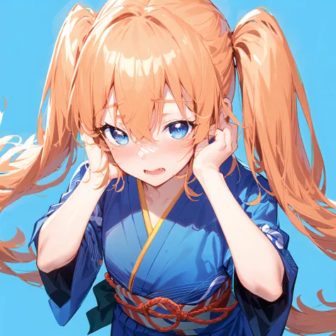 (Blush:1.2),(hands on own face:1.2),Flustered,(Open mouth:0.6),(from above:1.6),Orange hair,blue eyes,Long hair,Twintails,yukata,Blue theme,solo,cowboy shot,standing,simple background,extremely detailed CG unity 8k wallpaper,illustration,lens 135mm,masterpiece, best quality,young girl,naughty face,
(drawn by Pomu:1.4),solo,(upper body),Standing,cowboy shot,(blue background:1.5),simple background,, masterpiece, best quality,, masterpiece, best quality,