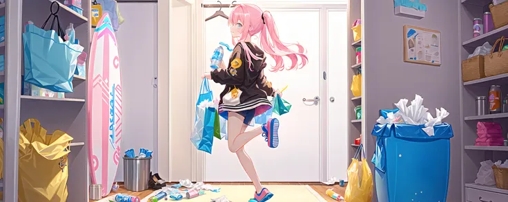 ((((straight-on)))),1girl,solo,Bare thigh,Pink hair,Long hair,Standing on one leg,extremely detailed CG unity 8k wallpaper,illustration,lens 135mm,masterpiece, best quality,young girl,naughty face,(baggy clothes:1.2),
rug,clothes hanger,surfboard,tissue box,soda can,trash can,holding bag,shopping bag,mirror,stuffed animal,towel,bottle,closet,dressing room,