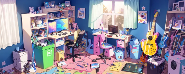 colorful,extremely detailed CG unity 8k wallpaper,illustration,lens 135mm,masterpiece, best quality,
,messy room,guitar case,(computer),headphones,tablet pc,trash can,computer,game console,mirror,box,stuffed animal,chair,cellphone,toy,electric guitar,handheld game console,{baseball bat}