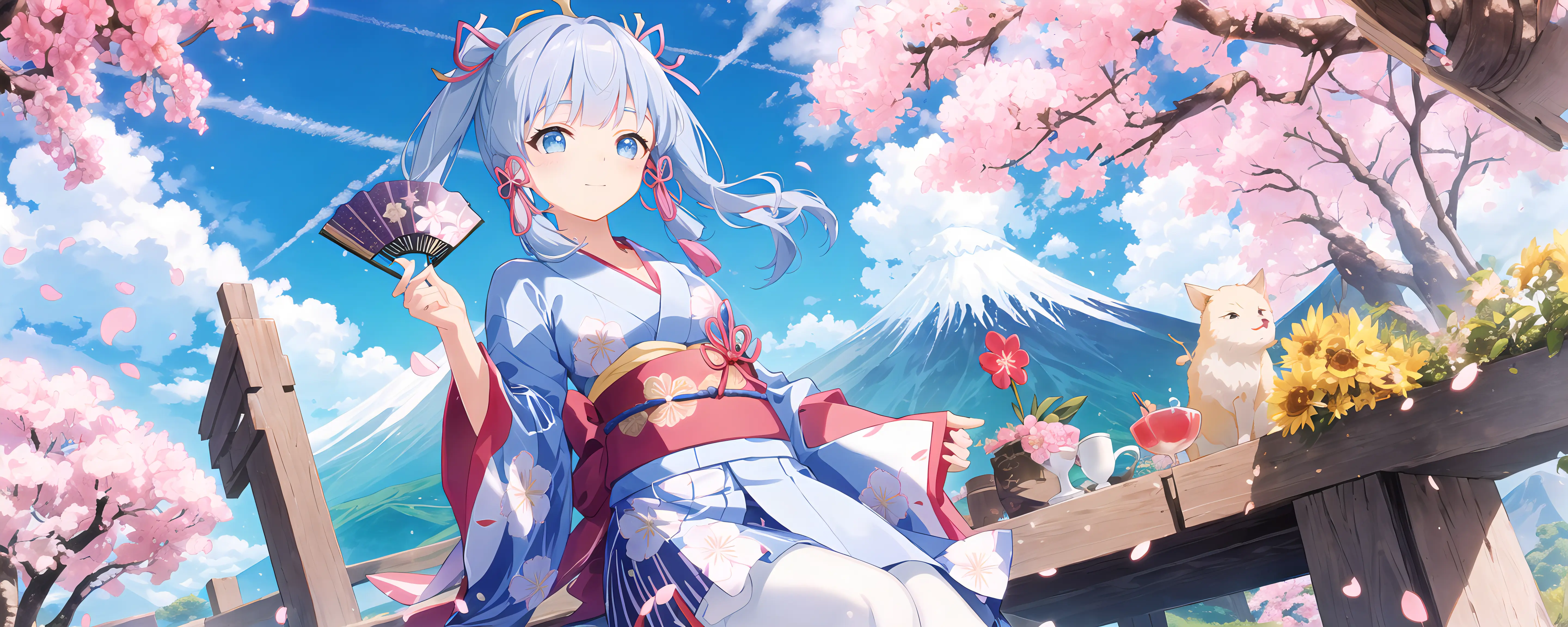 Mount Fuji,cherry blossom,Hairclip,hand fan,yukata,ha_linghua,Sitting,looking down,Closed eyes,ta fasion,white pantyhose,extremely detailed CG unity 8k wallpaper,illustration,lens 135mm,masterpiece, best quality,young girl,naughty face,1girl,solo,looking at viewer,straight-on,cowboy shot,Hair bow,aquagradient eyes,1girl,solo,(midday:1.5),(sunny:1.5),(Blue sky:1.2),(cloud),, masterpiece, best quality,