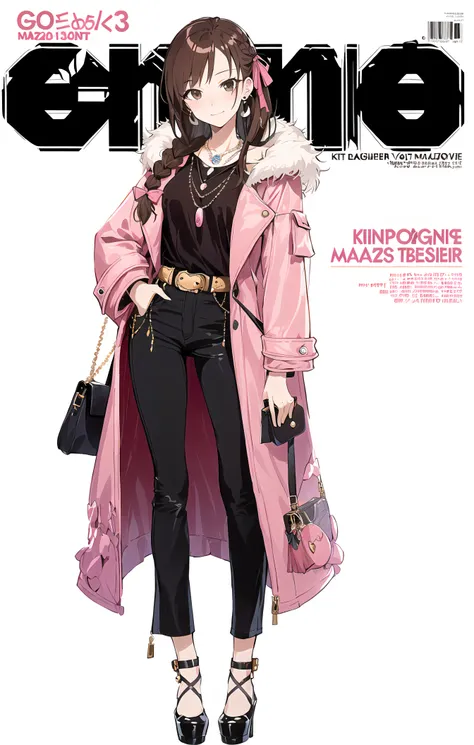(magazine cover:1.4),1girl,solo,extremely detailed CG unity 8k wallpaper,illustration,lens 135mm,masterpiece, best quality,young girl,naughty face,(white background:1.5),full body,simple background,masterpiece, best quality,standing, masterpiece, best quality,,Hair ribbon,straight-on,brown_hair,brown eyes,Long hair,Side braid,Light smile,closed mouth,pink coat,plaid fur coat,Fasten,bell-bottoms,high heels,necklace,handbag,Earrings,, masterpiece, best quality,
