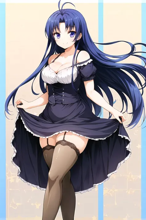 <lora:memev1:0.7> cowlick, mature female, milf, mother, purple hair, 1girl, solo, thighhighs, breasts, cleavage, long hair, blue hair, large breasts, blue eyes, antenna hair, purple eyes