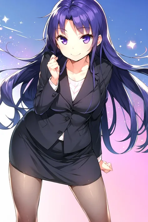 <lora:memev1:0.7> purple hair, cowlick, mature female, milf, mother, 1girl, solo, pantyhose, long hair, skirt suit, skirt, suit, formal, purple eyes, smile, pencil skirt, blue hair