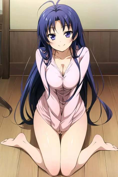 <lora:memev1:0.7> cowlick, mature female, milf, mother, purple hair, 1girl, long hair, solo, blue hair, smile, barefoot, purple eyes, breasts, sitting, looking at viewer, cleavage, antenna hair, blush, blue eyes